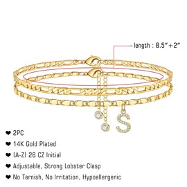 TINGN Anklet for Women, 14K Gold Plated/Silebr CZ Letter Anklets for Women, Anklets Adjustable Double Anklets, Sturdy Figaro Chain Anklet Wife Girls Daughter Girlfriend Gift, 21.5 cm, Gold-plated
