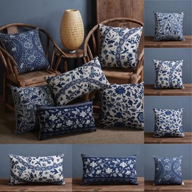 D (45X45cm) Decorative Hamptons Oriental Blue Floral Linen Cushion Cover Pillow Case