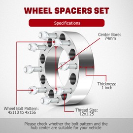 GDSMOTU Wheel Spacers, 4x110 to 4x156 for Suzuki for Quadsport 250 1989-1990 for Suzuki for Eiger 400 2002-2007, 1 Wheel Adapters & Spacers with 12x1.25 Studs 74 mm Bore 4Pcs Silver