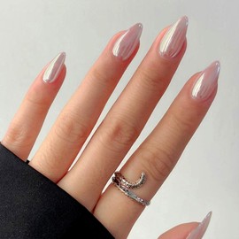 Chrome Press on Nails Medium Almond Fake Nails Chrome Pink False Nails with Designs Glitter Glossy Full Cover Stick on Nails Artificial Acrylic Stick on Nails for Women and Girls 24 Pcs