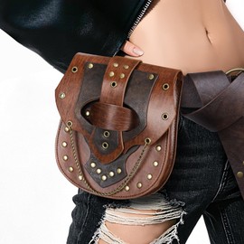 HiiFeuer Steampunk Studded Waist Pack Bag with Belt, Vintage Punk Belt Pouch Portable Fanny Purses for Ren Faire Cosplay (Brown A)