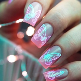 24Pcs Colorful Butterfly Press on Nails Summer Acrylic Full Cover Fake Nails Pink Gradient Stick on Nail Glossy Blue Ombre Short Square False Nail Insect Gel Glue on Fingernail for Holiday Manicure