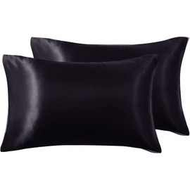 Set of 2 Satin Pillow Covers Envelope Pillowcase for Skin Beauty Hair Double Sided Silk Smooth Material Anti-Static (43*63, Black)