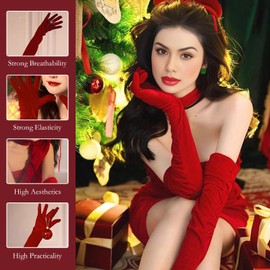 1920s Long Christmas Velvet Gloves, Red Touchable Screen Gloves for Women Costume, Evening Dress Gloves (Red, 17inches)