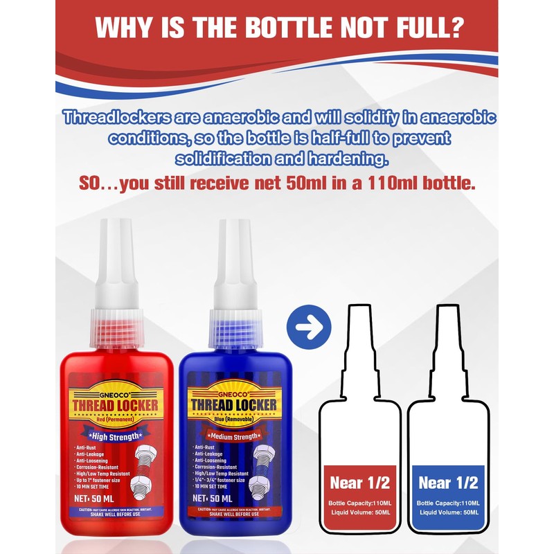 Thread Lock Blue and Red, Threadlocker Medium and Strong Strength,