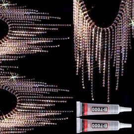 MTLEE Rhinestone Fringe Belt Beaded Ribbon Diamond Tassel Chain for Jeans Clothing Accessories DIY Decoration(1 Yard,Silver, AB Color)