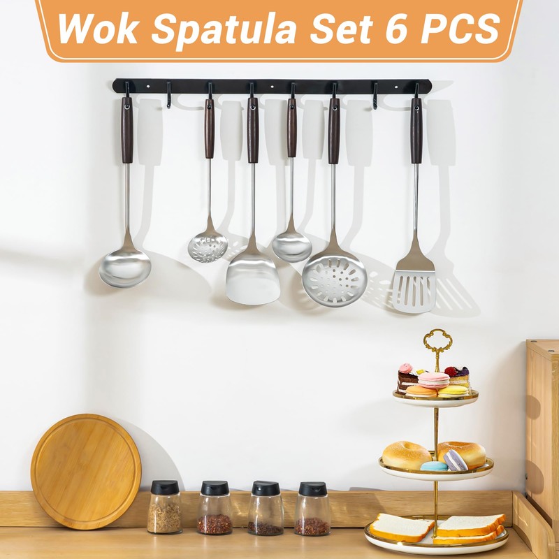 FJNATINH Cooking Utensils Set with Wood Handle, 6 PCS Wok