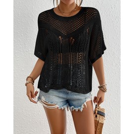 Bsubseach Women Crochet Top Short Sleeve Swimsuit Coverup Summer Hollow Out Knit Tops Beach Cover Up Black XL