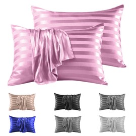Stripe Satin Silk Pillowcase Pillow cover for Hair and Skin Pillowcases with Envelope Closure Pillow case 50 x 75 cm (Pink 2 Pcs)