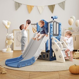 Glaf Toddler Slide 5 in 1 Kids Slides for Toddlers Age 1-3 Baby Outdoor Playset Indoor Playground Backyard with Climber Basketball Hoop Storage Space and Telescope (Blue)