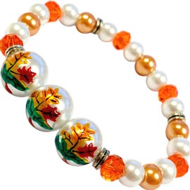 fiona Fall Bracelet For Women, Glass Beaded Stretch Bracelet, Orange White Jewelry Gift For Her (Leaves)