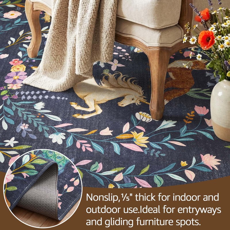 6ft Round Rug Washable Kids Rug Whimsical Playroom, Navy Blue