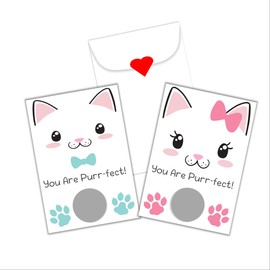 Valentine's Day Scratch Off Card for Kids with Cat Design, DIY Kitten Valentines, Class Valentine, Pack of 24 Cards with Envelopes
