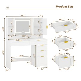 FTZxHKLX White Makeup Vanity Desk with Mirror & Light & Power Outlet, 43.3inch Vanity Desk with 5 Drawers, Makeup Vanity Table with Cabinet & Hidden/Open Adjustable Shelf for Bedroom