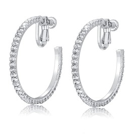 LAXPICOL Fashion Sparkly Austrian Circle Hoop Earrings Clip On Earrings For Women No Piercing Earrrings Silver Tone 1.18"*1.18"