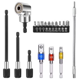 Guyuyii Flexible Drill Bit Extension Set - 105° Right Angle Drill Attachment, Bendable Extension, 1/4 3/8 1/2" Universal Socket Adapter Set, Magnetic Drill Bit Holders, 10 Piece Screwdriver Bits Kit