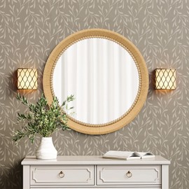 Besdomus Rustic Farmhouse Rattan Wall Mirror, 24 Inch Wood Bathroom Boho Mirrors for Wall Mounted, Décor Wall Art, Vertical or Horizontal Hanging (Round, 24 * 24 Inch)