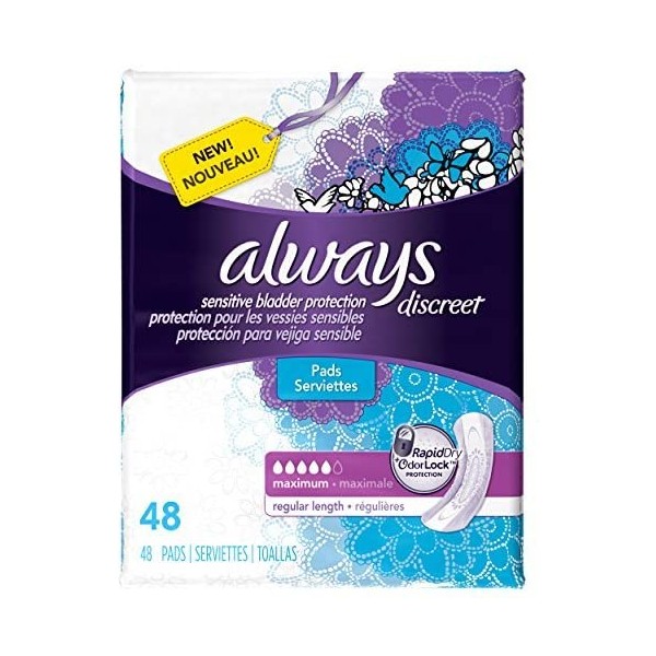 Discreet, Incontinence Pads, Maximum, Regular Length, 48 Count by Always