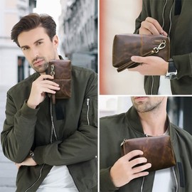 CONTACTS Mens Clutch Bag Leather Wallet, Crazy Horse Leather Vintage Clutch Wallet for Men Travel Wristlet Handbag Card Holder Phone Checkbook Purse, Brown, Vintage