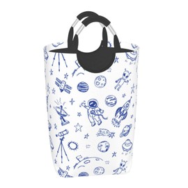 LIBIFALL Blue Space Astronaut Large Laundry Basket Galaxy Planet Laundry Hamper Bag Collapsible Laundry Baskets Clothes Hamper with Handle Cartoon Rocket Storage Baskets For Dorm, Family, 50L