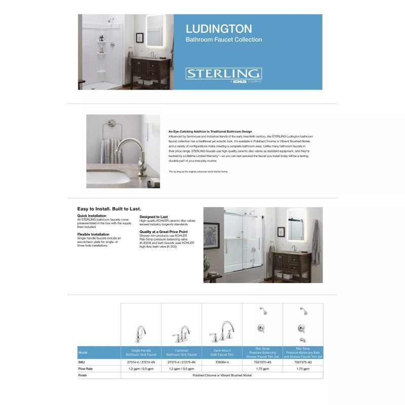 Kohler Sterling TS27375-4G Ludington Tub and Shower Trim Package Polished