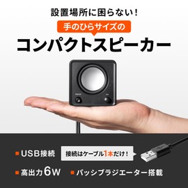 Sanwa Supply MM-SPU21BK PC Speaker, USB Powered, Compact, 6W, Passive Radiator, Power Button, Black