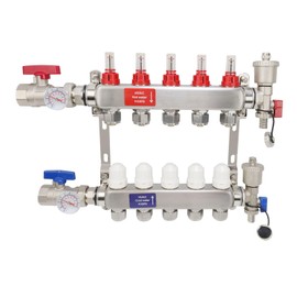 Antrader Radiant Heat Manifold 5 Loop,Radiant Heat PEX Manifold PEX Radiant Floor Heating Manifold Kit Stainless Steel Manifold for Hydronic Radiant Floor Heating (1/2" Adapters Included)