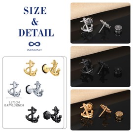 INFINIONLY Men's Women's Stainless Steel Earrings Studs Round Statement Earrings for Boy's Anchor Studs Creative Stainless Steel Jewellery, 3 Pairs