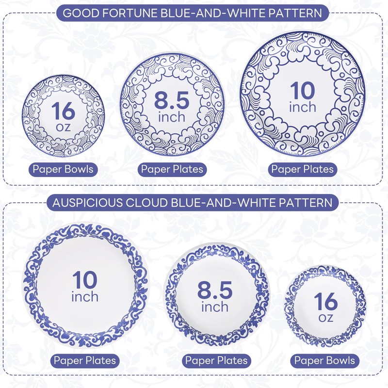 30 Count Large Paper Plates 10 Inch, Blue Floral Disposable