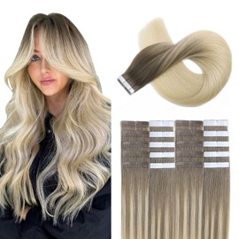 XDhair Invisble Tape in Hair Extensions Human Hair 18 Inch 50g 20pcs Light Brown to Platinum Blonde Invisible Tape in Human Hair Extensions (18, #8/60)