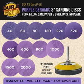 Dura-Gold Premium 3" Purple Film Ceramic Sanding Discs, 36 Disc Variety Pack, Grits 40, 60, 80, 120, 220, 320, 400, 600, 800, 1000, 1500, 2000 - Hook & Loop Sandpaper & Drill Backing Plate - Auto Wood