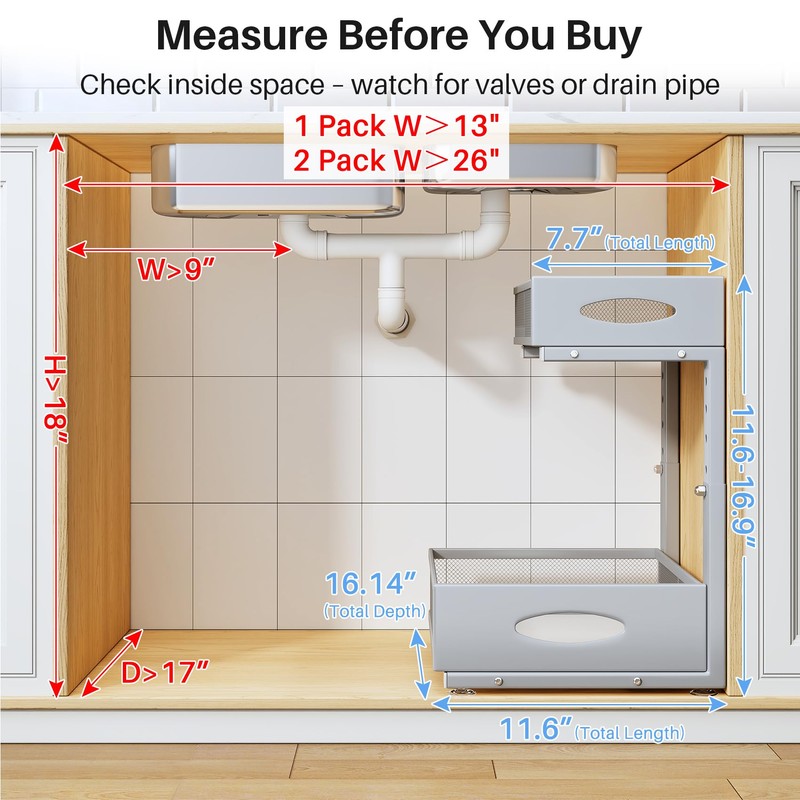 Under Sink Organizer, 2 Pack 2 Tier Pull Out Under
