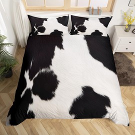 Cow Print Bedding Set Queen Size Kids Black White Cowhide Print Comforter Cover Set for Boys Girls Teens Farmhouse Animal Duvet Cover Breathable Bedspread Cover Abstract Art Room Decor Quilt Cover