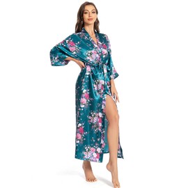 MizzGenio Women's Long Silk Robes Lightweight Long Satin Robes Full Length Sleepwear Dressing Gown, Dark Green, 4X-Large-5X-Large Plus