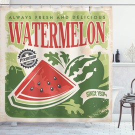 Ambesonne Vintage Shower Curtain, Vintage Old Fashioned Funny Watermelon with Faded Colors Classic Graphic Art, Cloth Fabric Bathroom Decor Set with Hooks, 70" Long, Green Ecru
