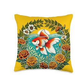 Oranda Goldfish Illustration Beautiful Fancy Goldfish Throw Pillow