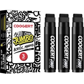 Coogert 3 piezas de marcadores de póster jumbo negros, marcadores de grafiti permanentes de acrílico de 15 mm de grosor, marcadores de pintura de punta ancha para lienzo, tableros de pósters, tela
