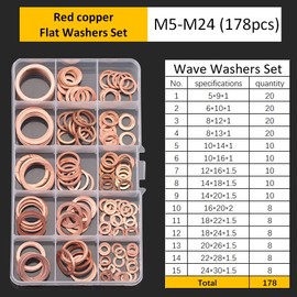 CONPHERON Pack of 178 Copper Rings Assortment in 15 Sizes M5-M24 Sealing Rings Copper Ring Copper Seal Set Copper Washers Seal with Storage Box