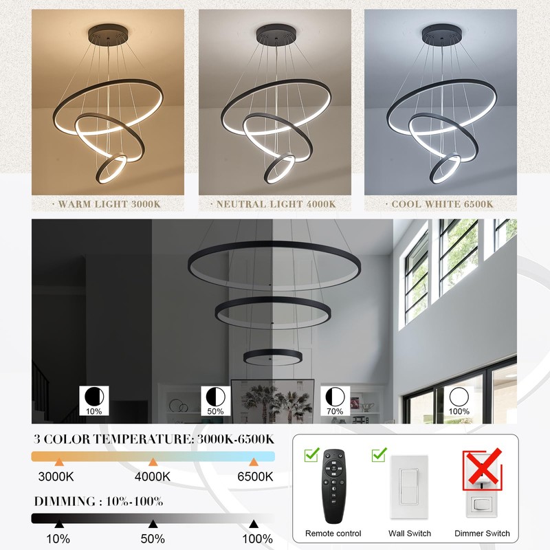 AIRYPHANT Modern LED Chandelier 3 Rings Black Chandelier Dimmable LED