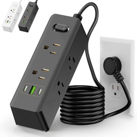 GALASALA Regleta Multicontacto Extension Electrica con Protector Supresor de Picos Voltaje, 1.8 M, Enchufe Plano, 6 Salidas, 3 USB (2 USB-C) Conector Multiple Sleek Socket para Hogar Oficina