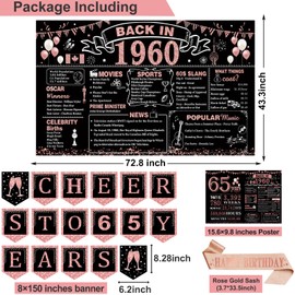 65th Birthday Decorations for Women,24PCS 1960 Birthday Party Decorations,Including 1960 Banner,6 Honeycomb Topper,Balloons,Anniversary Card,Cheers to 65 Years Banner,7 Hanging Swirl,6 Paper Poms,Sash