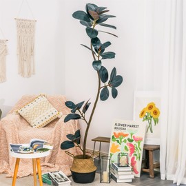 NCYP Artificial Rubber Tree - 5.9ft Tall Faux Plant with Plastic Pot and Rattan Woven Basket for Home, Living Room, Office Floor Decor - Large Indoor Fake Ficus Elastica Tree Potted, 70.8 Inches
