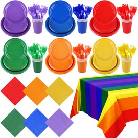 ADXCO 169 Pieces Rainbow Party Decorations Include Rainbow Paper Plates Cups Napkins Forks Knives Spoons Waterproof Tablecloth Serves 24 Guests Colored Complete Tableware for Rainbow Party Supplies