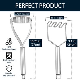 18/0 Stainless Steel Potato Mashers, 10.7-in Kitchen Masher Tool for Avocado Vegetable Sauce Butter, Heavy Duty, Dishwasher Safe, Pack of 2