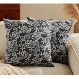 YZJZEDS Floral Jacquard Throw Pillow Covers Set of 2, Background/Charcoal 24x24 Inch, Farmhouse Decorative Cotton Dark Grey Cushion Covers for Sofa Bed Living Room Home Decor