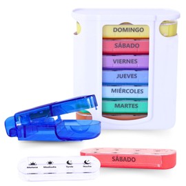 Weekly Pill Box with 4 Sockets, Monthly Pill Box, Daily Pill Box, Large and Easy to Use, Travel Pill Box Independent Compartments, Lightweight, Durable with Cutter, BPA Free, Spanish