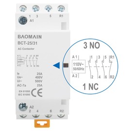 Baomain 110V AC 4-Pole Modular Contactor, 25A 3NO1NC Normally Open + Normally Closed, DIN Rail Mount for HVAC, Motor, Pump & Lighting Control BCT-25/31-110VAC