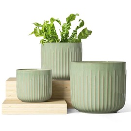 LE TAUCI Ceramic Planters, 8.3+6.9+5.7 Inch Plant Pots for Indoor Plants, Set of 3 Flower Pot with Drainage Holes, Large Round Planters Pot for Indoor House Plants, Reactive Glaze Summer Green