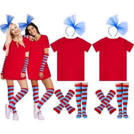 Hicarer 2 Set Costume for Women Include Red T Shirt Striped Socks Stretchy Gloves Blue Tulle Ponytails Headband for Cosplay(Royal Blue, X-Large)