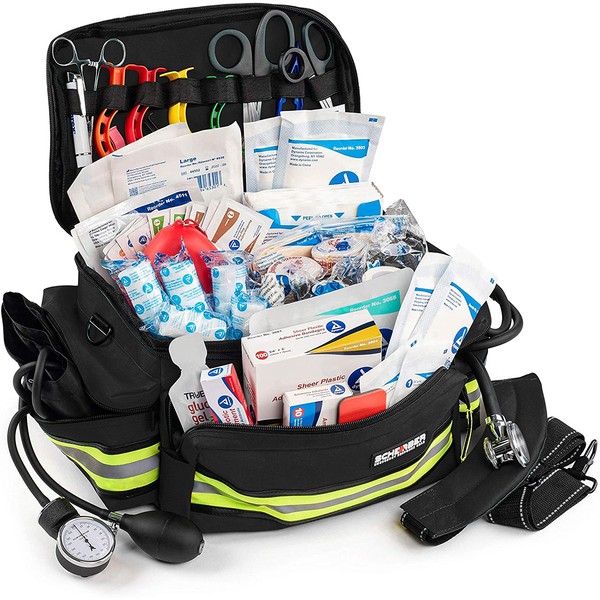 Scherber First Responder Bag | Fully-Stocked Professional Essentials EMT/EMS Trauma Kit | Reflective Bag w/8 Zippered Pockets & Compartments, Shoulder Strap & 200+ First Aid Supplies - Black